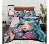 Fotmung Ensemble Lit Complet 160x200 cm Fille-Chat AniméE, Housse en Microfibre Imprimée et Duvet Coton 4 Saisons, Comprend 2 Taies, Excellence et Qualité Supérieure, Chaud et Respirant-A38