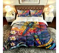 Fotmung Ensemble Lit Complet 160x200 cm Libellule Insecte Animée, Housse en Microfibre Imprimée et Duvet Coton 4 Saisons, Comprend 2 Taies, Excellence et Qualité Supérieure, Chaud et Respirant-F66