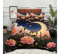 Fotmung Ensemble Lit Complet 160x200 cm Lune avec Une Rose Rose, Housse en Microfibre Imprimée et Duvet Coton 4 Saisons, Comprend 2 Taies, Excellence et Qualité Supérieure, Chaud et Respirant-A274