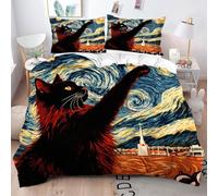 Fotmung Housse de Couette 200x200 Chat Noir sous Le Ciel éToilé, 1 Housse de Couette + 2 Taies D'oreillers, Séchant Rapide, Doux au Toucher et Léger, Crée Une Atmosphère Chaleureuse pour Le Lit-A146