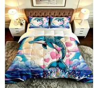 Fotmung Parure de Couette Grand Lit 220x240 cm Dauphin Cœur Lune, Ensemble de Lit 3 Pièces en Microfibre, Duvet 4 Saisons en Coton, 2 Taies d'oreiller 65x65 cm, Luxe et Confort Absolu-F56