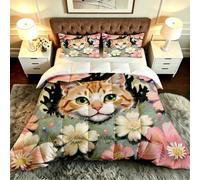 Fotmung Parure de Couette Grand Lit 220x240 cm Fleur Chat Animal, Ensemble de Lit 3 Pièces en Microfibre, Duvet 4 Saisons en Coton, 2 Taies d'oreiller 65x65 cm, Luxe et Confort Absolu-F22