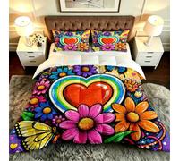 Fotmung Parure de Couette Grand Lit 220x240 cm Fleurs Cœur Colorées, Ensemble de Lit 3 Pièces en Microfibre, Duvet 4 Saisons en Coton, 2 Taies d'oreiller 65x65 cm, Luxe et Confort Absolu-F38