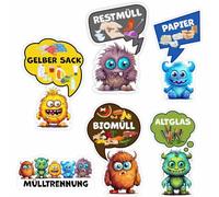 FOTOFOL - Autocollants amusants Monster Poubelle Set Tri des déchets - Autocollants de tri des déchets pour enfants - Déchets biologiques, vieux papier, sac jaune, reste des ordures, verre -