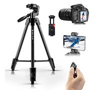 Fotopro Trépied Appareil Photo Trepied Smartphone, 140CM Trépied de Voyage Compact léger avec tête panoramique à 3 Voies, Support de téléphone Cold Shoe télécommande, Trépied Caméra pour iPhone DSLR