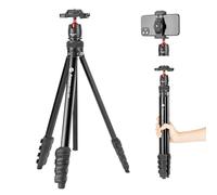Fotopro Trépied pour appareil photo de 162,6 cm, trépied compact 2 en 1 avec clip de téléphone caché, trépied de voyage portable avec tête vidéo fluide, trépied en aluminium léger de 0,7 kg, charge