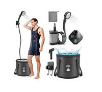 FOTSHARER Kit de douche de camping portable avec seau pliable de 20 l, pompe de douche intelligente avec batterie et LED, 3 + 1 modes de douche, pompe à eau rechargeable pour camping, jardin, voiture