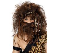 Fou Cavernes Perruque Barbe OS Bandeau Homme Adulte Accessoire Déguisement Brun