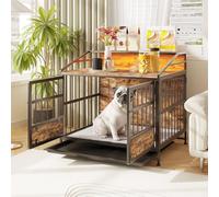 FOUBAM Cage pour chien, meuble avec étagère de rangement, table d'appoint, caisse pour chien, niche d'intérieur avec surface de table en bois, maison pour la maison, plateau amovible, 88 x 61 x 80 cm,