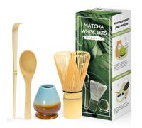 Fouet en bambou, cuillère, porte-gobelet et boîte Matcha - Lot de 4 pièces pour cérémonie japonaise - Bleu café dégradé