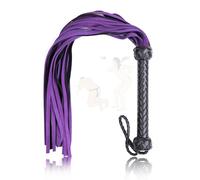 Fouet en cuir bicolore violet et noir avec pompons contrastés et poignée tressée