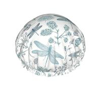 Fougère Libellule Bleue Botanique,Bonnet de douche/bonnet de nuit double couche imperméable et élastique, bonnet de bain réutilisable
