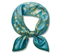 Foulard 100% soie naturelle 53 x 53 cm, léger, pour sac à main, petit carré, imprimé numérique, pour cheveux (Van Gogh - Amande) Fleurs)