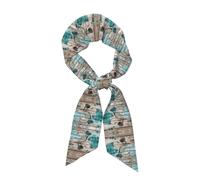 Foulard à cheveux en satin de soie léger et tendance avec imprimé fleur bleu sarcelle sur planche en bois pour femme