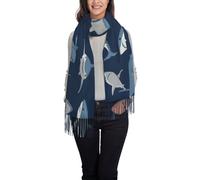 Foulard bleu pour femme avec motif requin de dessin animé avec pompons, châle de qualité pour cadeau de Noël