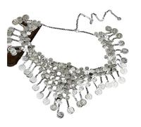Foulard Danse Orientale Ceinture de chaîne taille danse du ventre | Large conception en métal, détails de perles et de pompons for la danse du ventre(Silver)