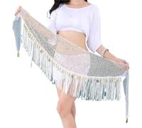 Foulard Danse Orientale Écharpe de hanche danse du ventre multicouche | Conception de glands en maille et en perles, for la pratique de la danse et les spectacles de groupe(White)