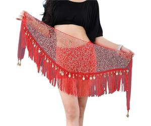 Foulard Danse Orientale Écharpe de hanche danse du ventre multicouche | Conception de glands en maille et en perles, for la pratique de la danse et les spectacles de groupe(Red)
