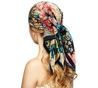 Foulard de tête 100 % soie pour femme - 68,6 cm - Foulard carré en satin pour dormir la nuit avec emballage cadeau, Bleu/rouge/blanc/fleur, L