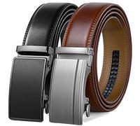Founders & C Lot de 2 ceintures à cliquet en cuir pour homme avec boucle coulissante 3,5 cm dans un coffret cadeau - Taille réglable, Ceinture cognac/noir, 22/34" taille réglable