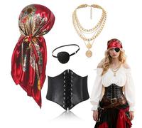 FOUNSHO 4PCS Deguisement Pirate Femme Bandanas Tête écharpe Imprimé Rouge de Pirate Corset Médiéval Collier Cache-œil Pirate Accessoires Dames Fête Halloween Carnival Jeu de Rôle Costumes (Rouge)
