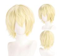 FOUNSHO Anime Perruque Blond pour Homme Dames,12 Inch/30 cm Adulte Cosplay Perruque Courte Postiche Droite Perruque avec Frange, Année70 80 Deguisement pour Halloween Quotidienne Fête (Blonde)