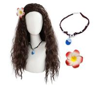 FOUNSHO Déguisement Princesse Perruques avec Fleur et Collier, Princesse Accessoires Perruques Cosplay Fête, Longue Brun Bouclée Perruque pour Femme Fille Femmes Halloween Carnaval (Marron)