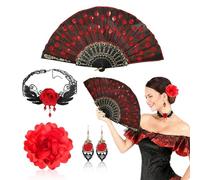 FOUNSHO Lot de 4 accessoires de flamenco à paillettes brodées - Boucles d'oreilles pliantes ras du cou - Pince à cheveux - Costume de danseuse espagnole pour femme - Déguisement d'Halloween des années
