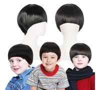 FOUNSHO Noir Courte Perruque pour Garçons et Filles, Bob Perruques Carré pour Enfants De Cheveux Courts avec Frange, Perruque Lisse Halloween Costume de Fête Quotidien Accessoires Photographie (Noir)