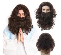 FOUNSHO Perruque et Barbe Longue Marron Foncé Perruque Homme, Jésus Perruque avec Barbe, Déguisement Adulte Hagrid Perruque Brune Barbe Viking Cosplay Perruque pour Halloween Carnaval (Marron Foncé)