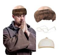 FOUNSHO Perruque Marron Bonnet Chauve en Latex, Hommes Perruque Moine Casquette Chauve Lunettes, Années 90Prêtre Déguisement Accessoires Fête Adultes Vieux Papi Cosplay Carnaval Halloween (Marron)