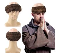 FOUNSHO Perruque Moine pour Hommes Marron Perruque de Moine Perruque Drôle | Perruque Marron Hommes Tonsure Bonnet Chauve en Latex Perruques de Prêtre Adulte Carnaval Halloween de Déguisement Fête
