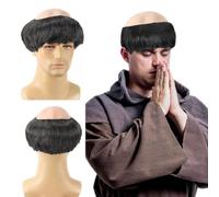 FOUNSHO Perruque Moine pour Hommes Noir Perruque de Moine Perruque Drôle | Perruque Noir Hommes Tonsure Bonnet Chauve en Latex Perruques de Prêtre Adulte Carnaval Halloween de Déguisement Fête