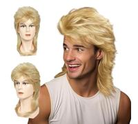 FOUNSHO Perruque Mulet Homme Blond, Homme Perruque des Années 80, Longue Bouclée Perruque de Cheveux, Années 90s Déguisement Perruque Homme, Cosplay Party Perruque pour Carnaval Halloween (Blonde)