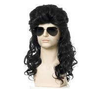 FOUNSHO Perruque Mulet Homme Noir Longue Bouclée Perruque de Cheveux des Années 80 90s Rocker Déguisement Perruque Homme femme Cosplay pour Carnaval Halloween Party Cosplay (Noir)