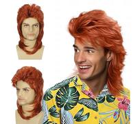 FOUNSHO Perruque Mulet Homme Rouge, Homme Perruque des Années 80, Longue Bouclée Perruque de Cheveux, 90s Déguisement Perruque Homme, Cosplay Party Rock Perruque pour Carnaval Halloween (Rouge)