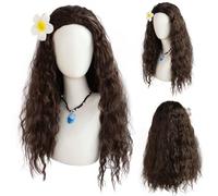 FOUNSHO Princesse Perruques avec Fleur, Déguisement Princesse Accessoires Perruques Cosplay Fête, Longue Brun Bouclée Perruque pour Femme Déguisement Fancy Dress Halloween Carnaval