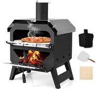 Four à pizza COSTWAY Outdoor, Four à pizza avec pelle à pizza, pierre à pizza, couvercle étanche, toit en acier inoxydable & poignées, four de cuisson portable, four à bois