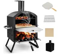 Four à pizza d'extérieur COSTWAY NP10814BK, four à pizza à 2 étages avec grille, pierre à pizza, pelle à pizza, couvercle imperméable, poignées résistantes à la chaleur et pieds pliants, noir - A