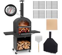 Four à Pizza Extérieur COSTWAY-2 Grilles-Thermomètre-Multi Combustible,4 Roulettes Portable-Pierre 30,5cm-Housse de Protection