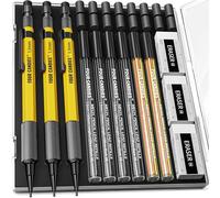 Four Candies Lot de 3 Porte-mines de 1,3 mm avec Étui, Crayons de Charpentier en Métal Robuste avec 48 Recharges (Rouge, Noir, Jaune), 15 Gommes, Résistant aux Intempéries