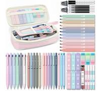 Four Candies Lot de 56 articles pour l'école avec grande trousse, 6 stylos à bille colorés, 12 surligneurs pastel, 5 stylos gel encre noire, 9 porte-mines de 0,5 à 2,0 mm