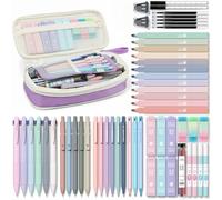 Four Candies Lot de 56 fournitures scolaires esthétiques avec trousse à crayons, 6 stylos multicolores, 12 surligneurs pastel, 5 stylos gel à encre noire, 9 porte-mines pour étudiant, papeterie