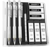 Four Candies Parure de porte-mines avec étui - 3 porte-mines transparents de 0,5 mm, 180 mines HB, 3 gommes et 9 gommes rechargeables, porte-mines blancs pour étudiants, dessin, écriture