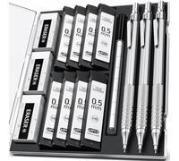 Four Candies porte-mines 0.5mm avec étui, 3PCS Mine d'artiste en métal avec 8 tubes (480PCS) mines HB, 3 gommes, 9 gommes de rechange pour l'ingénieur, l'écriture, le dessin, argenté