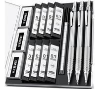 Four Candies Porte-mines 0.7mm avec étui, 3PCS Mine d'artiste en métal avec 8 tubes (480PCS) mines HB, 3 gommes, 9 gommes de rechange pour l'ingénieur, l'écriture, le dessin, argenté
