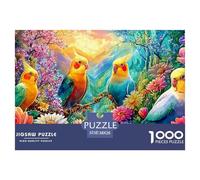 Four Cockatiels Sit Among Flowers in Vivid Scenery Puzzle De 1000 Pièces Parrot Idéal pour Hommes, Femmes, Enfants Et Personnes Âgées 38x26cm/1000pcs