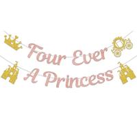 Four Ever a Princess Bannière de princesse 4e anniversaire Décoration Château Couronne 4 ans Décoration de fête d'anniversaire Or rose Paillettes