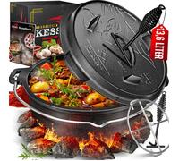 KESSER® Dutch Oven Set BBQ 12 litres, Marmite à feu avec dessous de plat en inox, Casserole en fonte avec anse pour soulever le couvercle et fente pour le thermomètre, marmite de cuisson