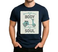 Four Wheels Move The Body Two Wheels Move The Soul T-shirt pour homme Motif scooter rétro Vespa Moto Biker, Bleu marine, L